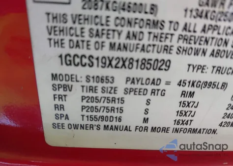 1999 Chevrolet S-10 Ls z USA, uszkodzony, nr VIN 1GCCS19X2X8185029